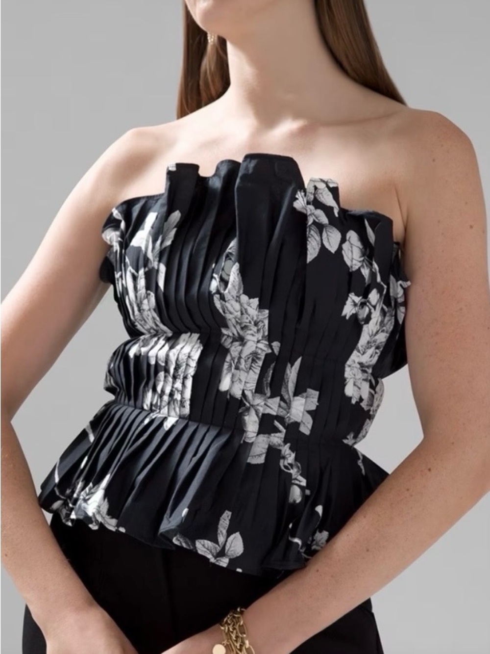 White House Black Market Peony Sketch Black Ruffle Bustier